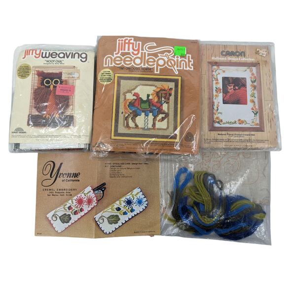 Lot 4 Vintage 70's Crewel Embroidery Needlepoint Weaving Kits JIFFY CARON YVONNE - Picture 1 of 6